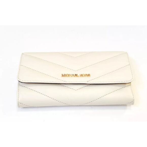 Michael Kors Jet Set Travel Large Trifold Wallet Quilted Stripe Light Cream/Gold - Picture 2 of 9